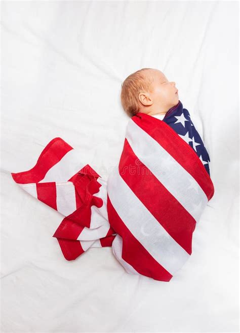 Newborn Infant Wrapped In Usa Nation American Flag Stock Photo Image