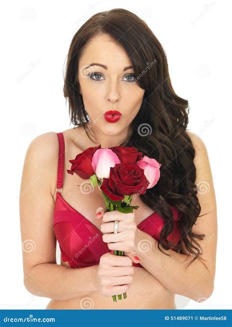 Young Woman Wearing Red Lingerie And Holding Red Roses Stock Image Image Of Admirer Isolated
