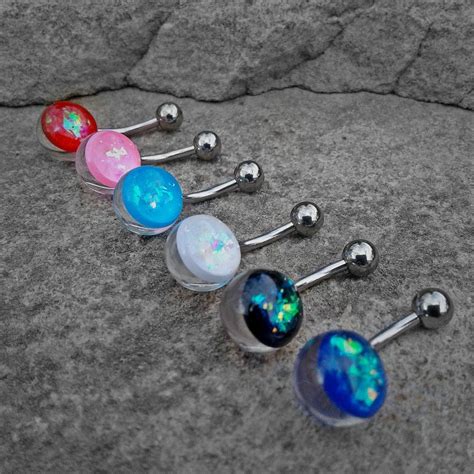 opal glitter set on clear acrylic ball 316l surgical steel belly button navel rings opal belly