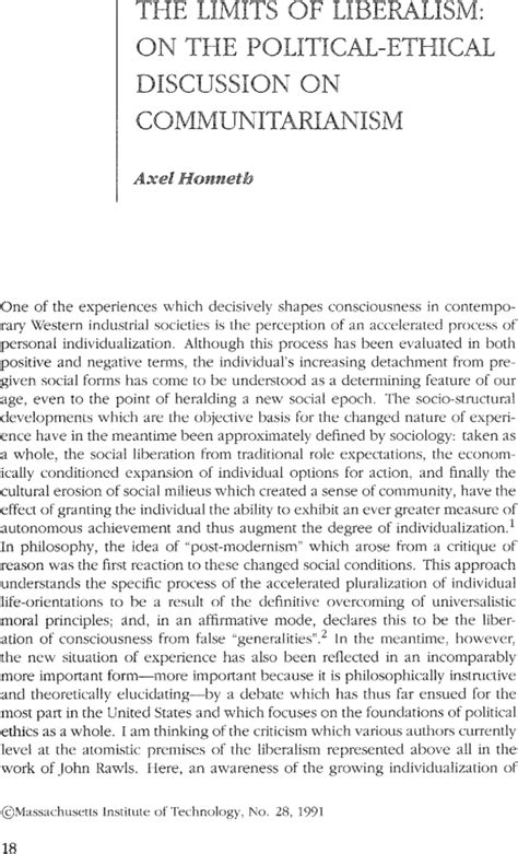 The Limits Of Liberalism On The Political Ethical Discussion On Communitarianism Axel Honneth 1991
