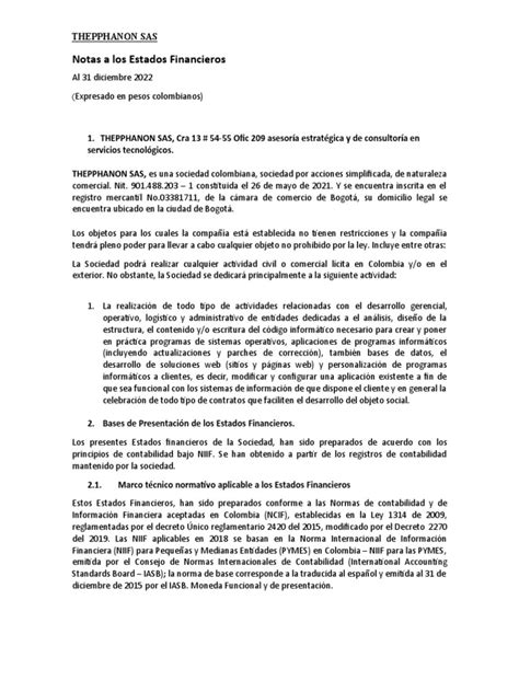 Modelo Notas A Los Estados Financieros Pdf Normas Internacionales De Informacion Financiera