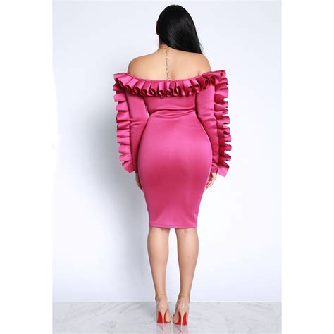 Womens Sexy Hot Pink Off Shoulder Long Sleeve Solid Ruffled Falbala