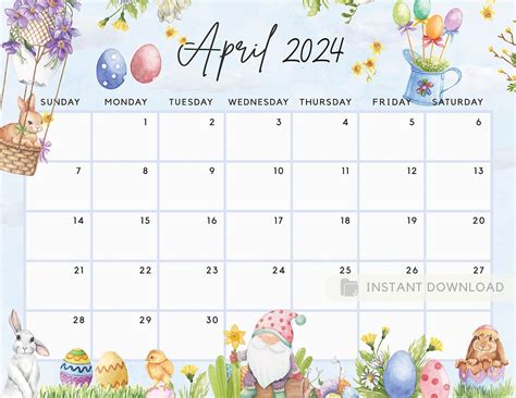 Printable April 2024 Calendar Fun Easter Bunny And Gnome Ediatble Planner