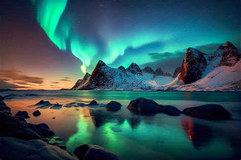 Aurora Borealis On The Lofoten Island Norway Stock Illustration