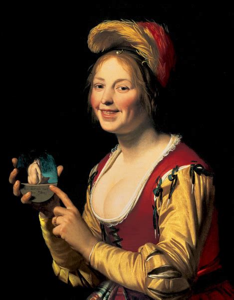 art throb 24 smiling girl a courtesan holding an obscene image 1625 by gerrit van