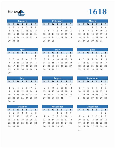 1618 Calendar With Monday Start
