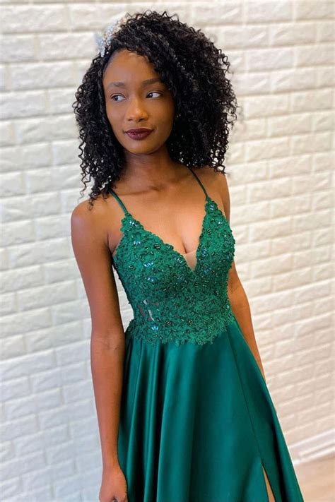 Promfast Emerald Spaghetti Straps Lace Appliques A Line Prom Dress Pfp