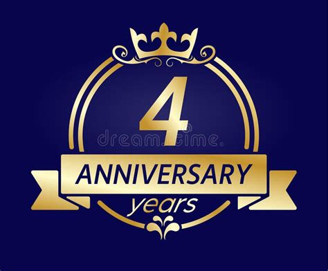 4 Year Anniversary Gold Round Frame With Crown And Ribbon Stock Vector