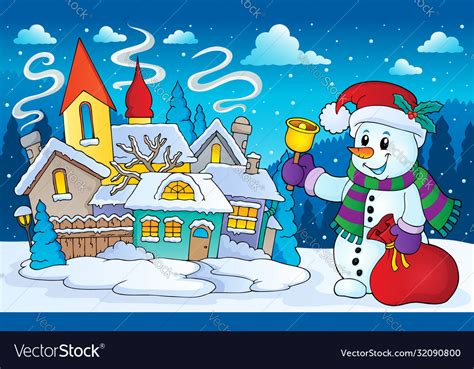 Christmas Snowman In Winter Scenery Royalty Free Vector