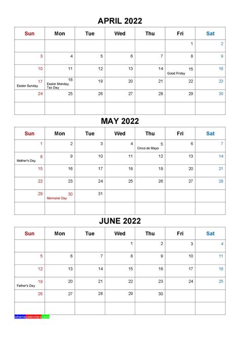 Free April May June 2022 Calendar With Holidays Four Quarters