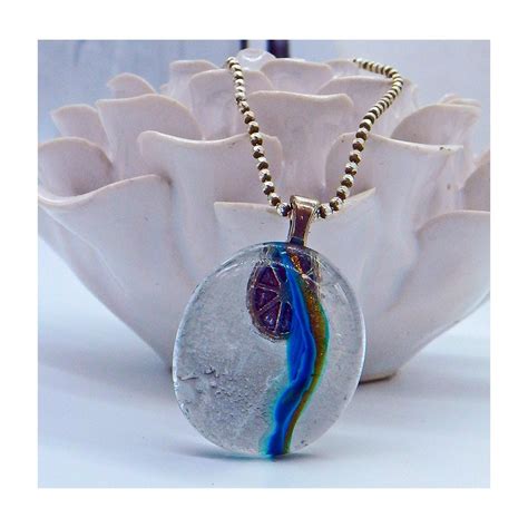 Kiln Fused Clear Glass Necklace With Blue Lines