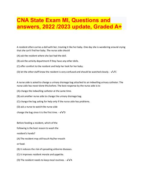 Cna State Exam Mi Questions And Answers 2022 2023 Update Graded A