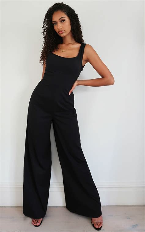 Black Woven Square Neck Wide Leg Jumpsuit Prettylittlething Ie