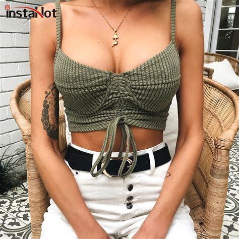 InstaHot Sexy Drawstring Knitted Sleeveless Strap Top Women Textured