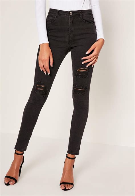Missguided Black Sinner High Waisted Authentic Ripped Skinny Jeans Ripped Skinny Jeans