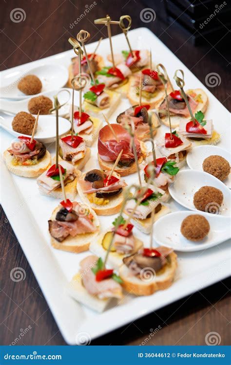 Various Snacks In Plate On Restaurant Table Stock Photo Image Of Dish