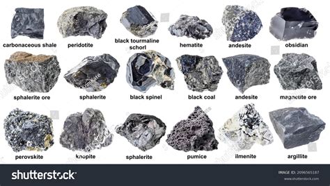 Set Various Unpolished Black Rocks Names Stock Photo 2096565187