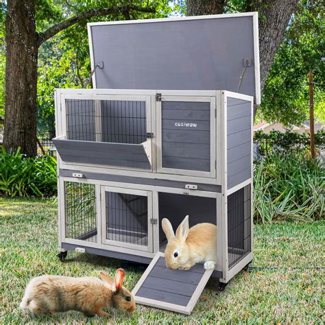 Coziwow Rabbit Hutch Bunny House Wood Double Tier Pet Cage With Flip Up