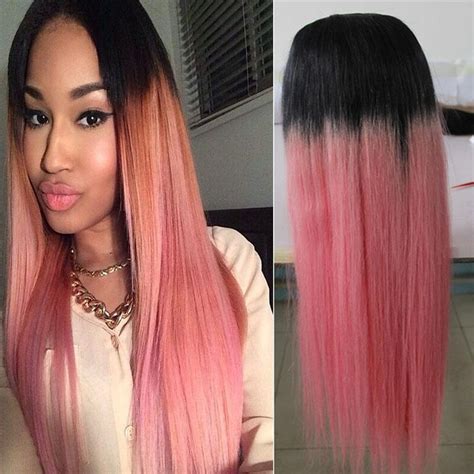 T1b Pink Ombre Lace Front Human Hair Wigs Two Tone Straight Indian