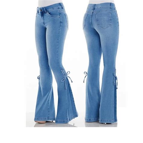 Retro Denim Flare Jeans For Women High Waist Stretch Bow Lace Up Jeans