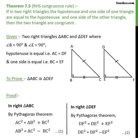 Theorem 75 Rhs Congruency Right Angle Hypotenuse Side Class 9