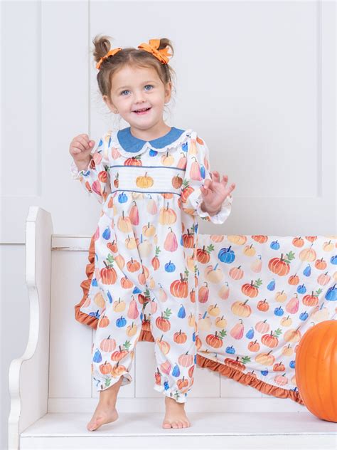 Party Pumpkins Chambray Ruffle Romper Marie Nicole Clothing