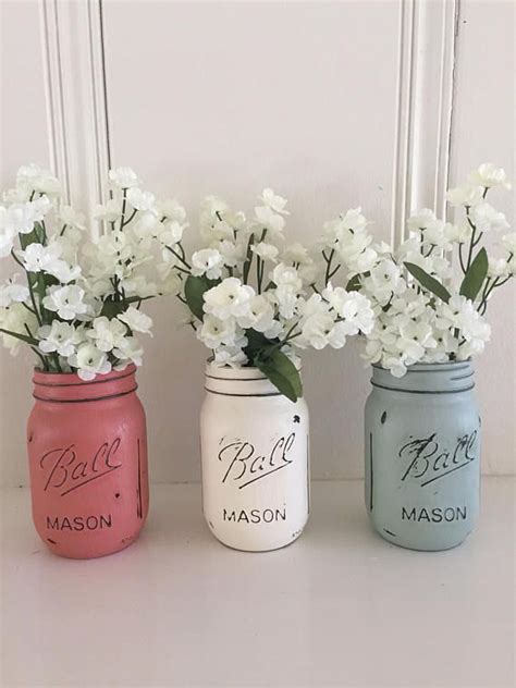 Distressed Mason Jars Floral Arrangment Includes 3 Pint Sized Mason Jars With White Flowers
