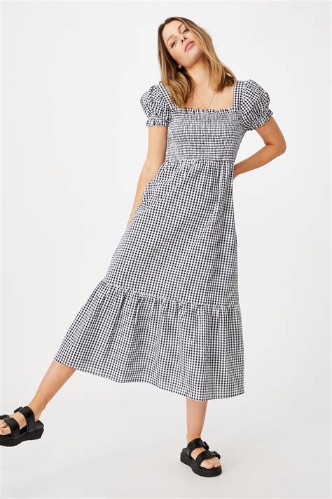 Woven Louise Shirred Maxi Dress Bethany Gingham Black Cotton On