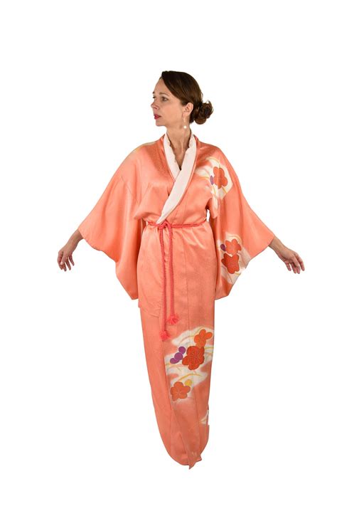 Cleaned Japanese Vintage Kimono Robe Ume With Silk Obijime Belt Sexy Dressing Gown Lounge