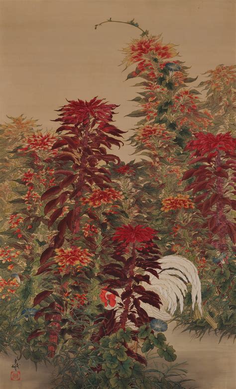 Amaranth And Rooster Circa 1930 Japanese Scroll Painting