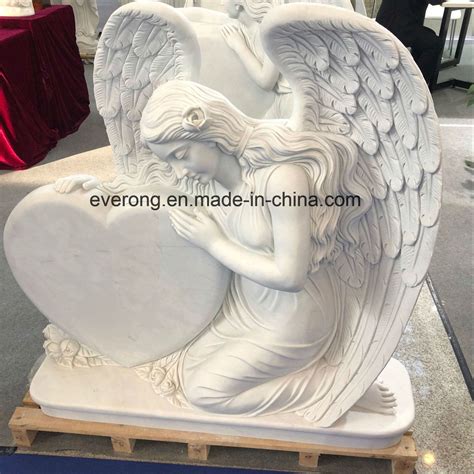 China 2018 New Design White Marble Monument Heart Headstone With Weeping Angel Wings For