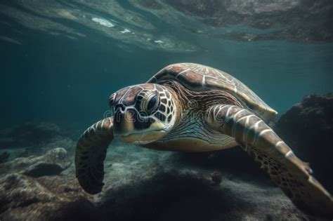Portrait Of A Happy Sea Turtle Swimming Underwater Generative Ai Stock