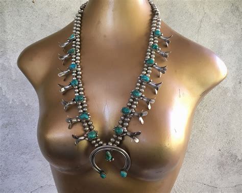 Vintage Sterling Silver Natural Turquoise Squash Blossom Necklace Navajo Native American Indian