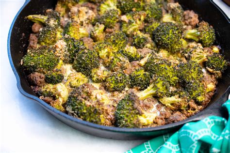 Seasoned ground beef • frozen broccoli • eggs, beaten • onion, chopped • mayonnaise • stove top stuffing mix • butter, melted • shredded cheddar cheese. Beef and Broccoli Skillet Casserole (Whole30, Paleo, Keto)