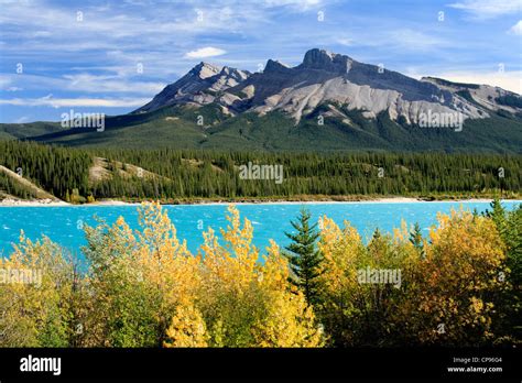 Abraham Lake And Mount Michener In Autumn Alberta Canada Stock Photo