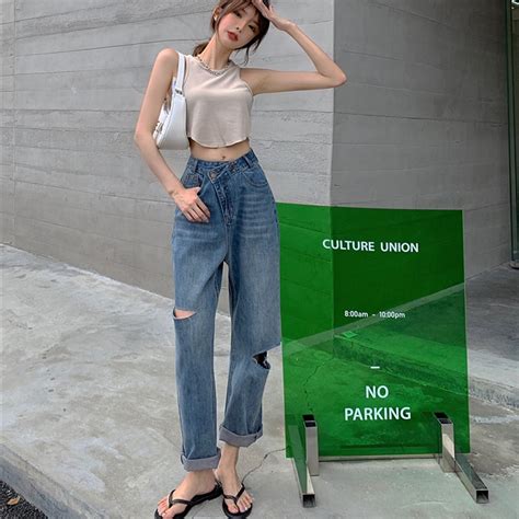 Korean Fashion Ripped Jeans Women Casual Loose Cuffs Harem Pants Do Old Straight Denim Trousers