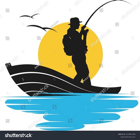 Fisherman Boat Rod Silhouette Fisherman Sunset Stock Vector Royalty