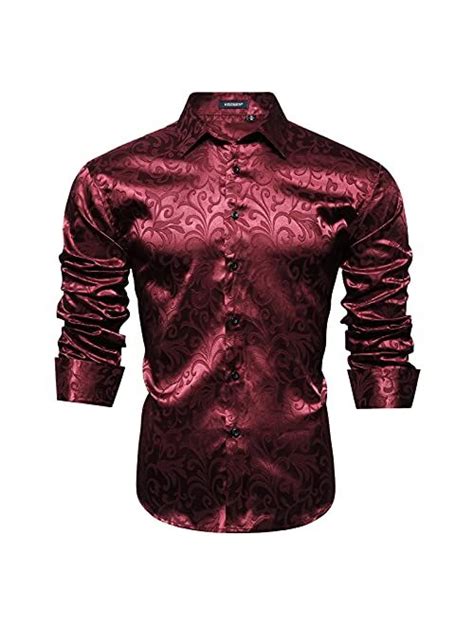 Buy Hisdern Mens Shiny Satin Dress Shirts Luxury Floral Jacquard Slik