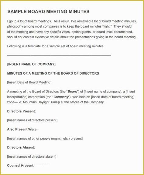 Board Of Directors Meeting Minutes Template Free Of 15 Board Meeting