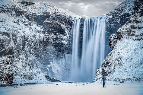 Hd Wallpaper Waterfalls Skógafoss Waterfall Arctic Iceland Snow Winter Wallpaper Flare