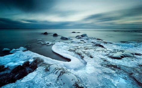 Landscape Nature Ice Snow Water Long Exposure Rock Clouds Overcast Wallpapers Hd