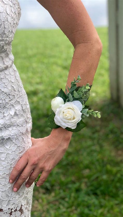 1 Ivory Rose Corsage Ivory Real Touch Rose Wrist Corsage Real Touch Rose Corsage Eucalyptus