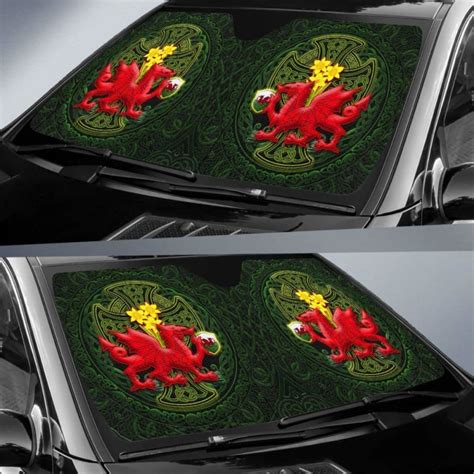 Welsh Dragon With Celtic Cross And Daffodils Auto Sun Shades The