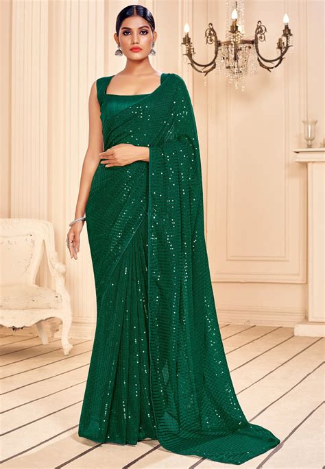 Buy Sequinned Georgette Saree In Green Online Spf1824 Utsav Fashion