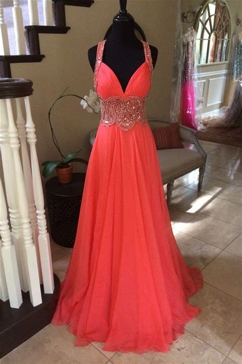 Stunning Sweetheart Long Coral Chiffon Beaded Prom Dress With Straps