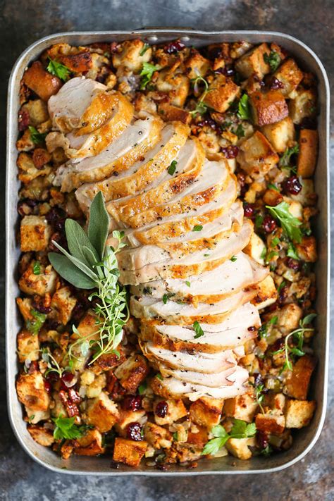 sheet pan herb roasted turkey and cranberry pecan stuffing damn delicious