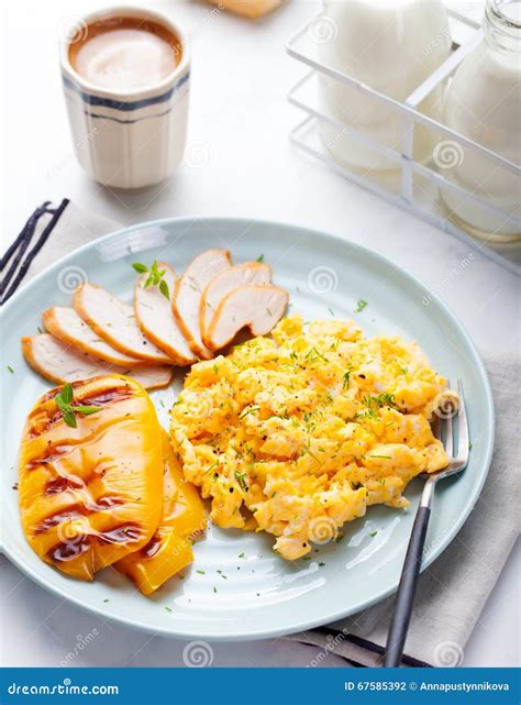 Eggs Scrambled Omelet With Grilled Bell Sweet Pepper And Hot Smocked