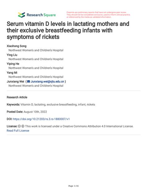 Pdf Serum Vitamin D Levels In Lactating Mothers And Their Exclusive