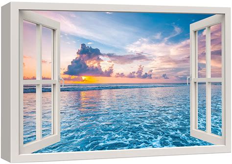Wall26 Canvas Print Wall Art Window View Sunset Sky Blue Ocean Tropical