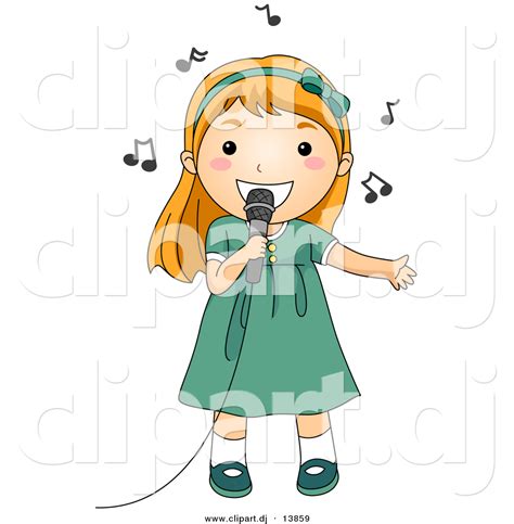 Cartoon Vector Clipart Of A Girl Singing Into A Microphone With Music